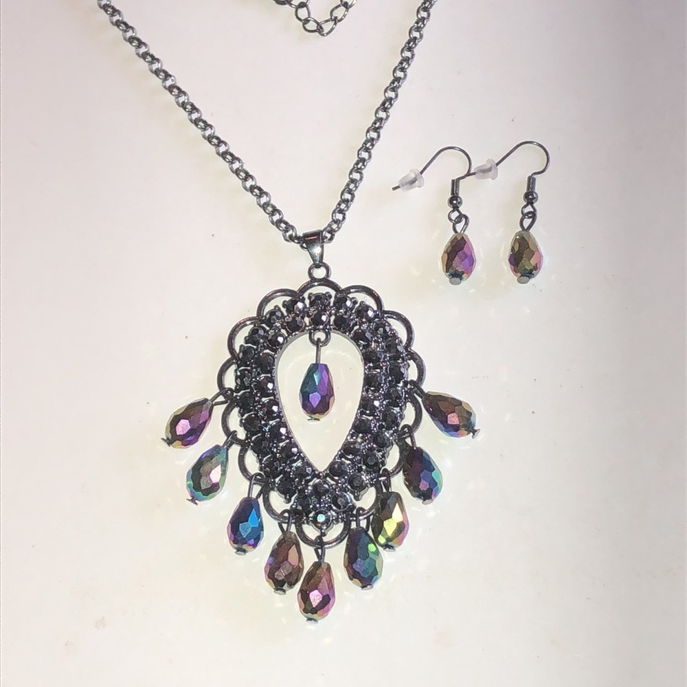 Statement Iridescent Teardrop Pendant Necklace & Earring Set - Black Metal